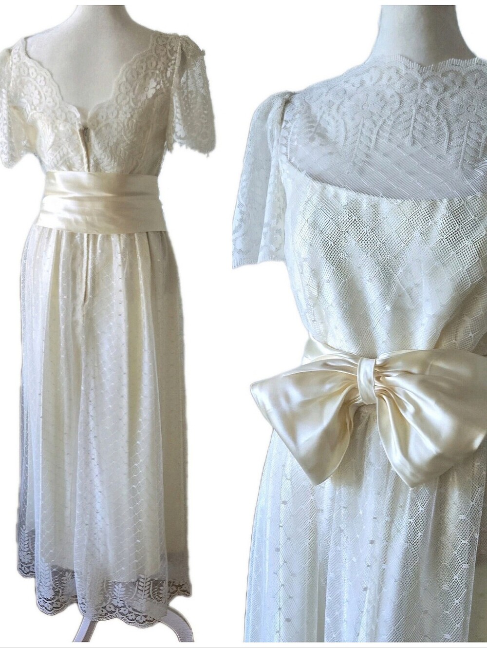 Vtg 70s- Does-30s Floral Lace & Satin Maxi Dress, S, Party, Wedding, Union